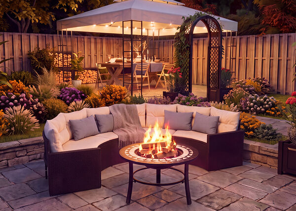 Coin salon de jardin avec brasero rond et si&egrave;ges avec coussins, install&eacute; devant une tonnelle de jardin &eacute;clair&eacute;e, entour&eacute;e de fleurs color&eacute;es et de verdure am&eacute;nag&eacute;e au cr&eacute;puscule.