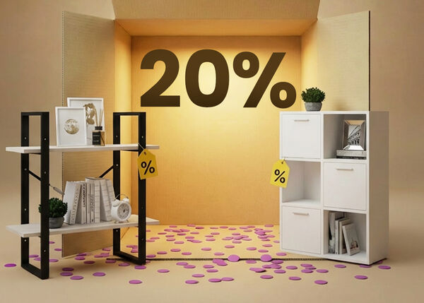 &Eacute;tag&egrave;res minimalistes en m&eacute;tal noir et bois clair avec cubes de rangement blancs pr&eacute;sent&eacute;es dans un d&eacute;cor en bo&icirc;te, avec 20 % de r&eacute;duction sur les meubles de rangement.