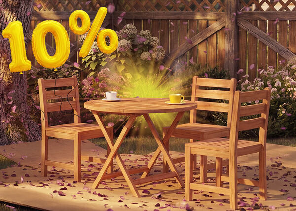 Table &agrave; manger ronde en bois pour l&rsquo;ext&eacute;rieur avec trois chaises assorties et des tasses &agrave; caf&eacute; dans un cadre de jardin, entour&eacute;e de confettis roses et de ballons dor&eacute;s indiquant une remise de 10 %, pour promouvoir une offre saisonni&egrave;re sur le mobilier de repas d&rsquo;ext&eacute;rieur.