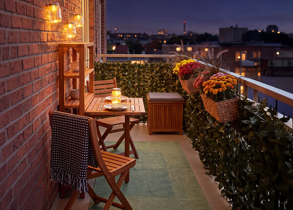 Petit balcon avec chaises et table en bois, &eacute;clair&eacute; par des lanternes et des bougies, d&eacute;cor&eacute; de fleurs en pot et de verdure, avec vue sur un panorama urbain de nuit.