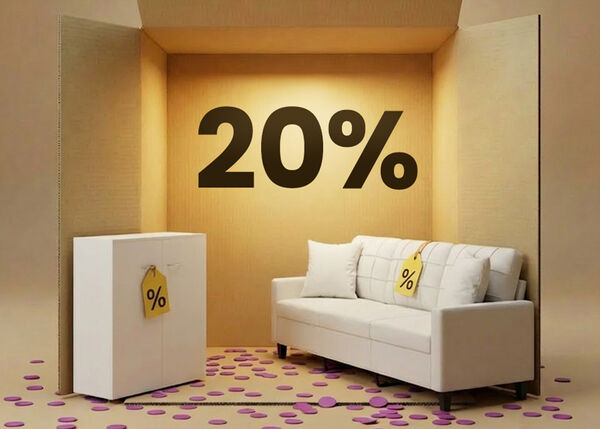 Am&eacute;nagement de salon avec canap&eacute; blanc et meuble de rangement blanc pr&eacute;sent&eacute; dans un d&eacute;cor en bo&icirc;te, avec 20 % de r&eacute;duction sur les meubles de salon.