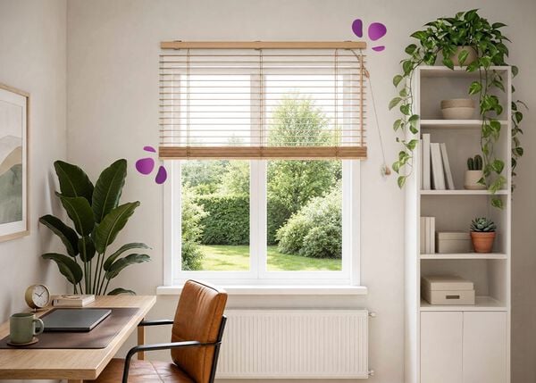 Un coin bureau lumineux &agrave; la maison, avec un store v&eacute;nitien en bois sur une grande fen&ecirc;tre. Il laisse entrer une douce lumi&egrave;re naturelle et encadre la vue sur un jardin vert. En dessous, un bureau en bois et une chaise en cuir sont am&eacute;nag&eacute;s avec un ordinateur portable, de la papeterie et une tasse en c&eacute;ramique. Une grande plante, des &eacute;tag&egrave;res ouvertes avec des livres et de petits cactus, ainsi qu&rsquo;un portant &agrave; v&ecirc;tements compl&egrave;tent cet espace de travail calme et bien rang&eacute;.