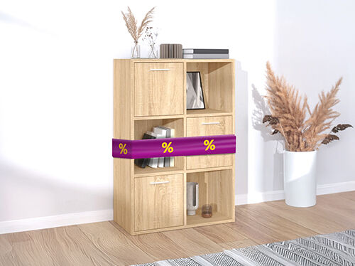 Biblioth&egrave;ques en bois avec ruban violet affichant des ic&ocirc;nes de r&eacute;duction, dans une pi&egrave;ce styl&eacute;e. Cliquez pour voir les produits en promotion.
