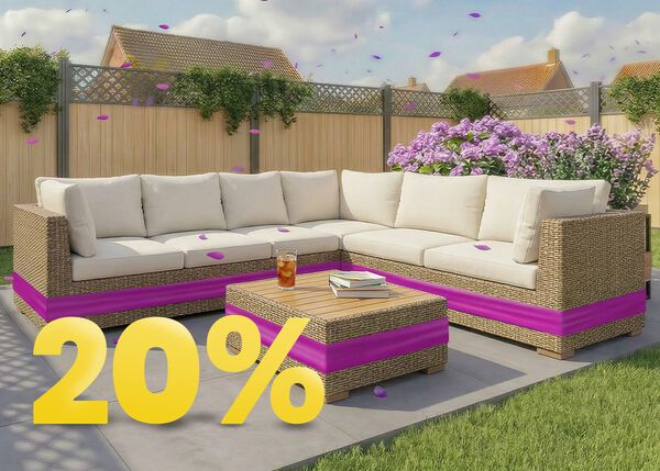 Salon de jardin avec table basse et boissons, avec une remise bien visible de &laquo; 20 % &raquo;.