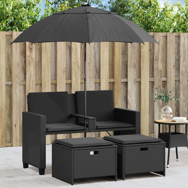 vidaXL Canap&eacute; de jardin 2 places avec parasol et tabourets noir rotin