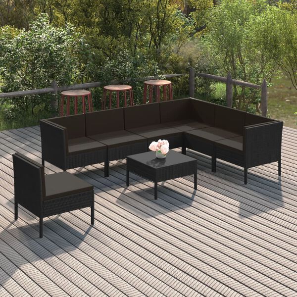 vidaXL Salon de jardin 8 pcs avec coussins r&eacute;sine tress&eacute;e noir