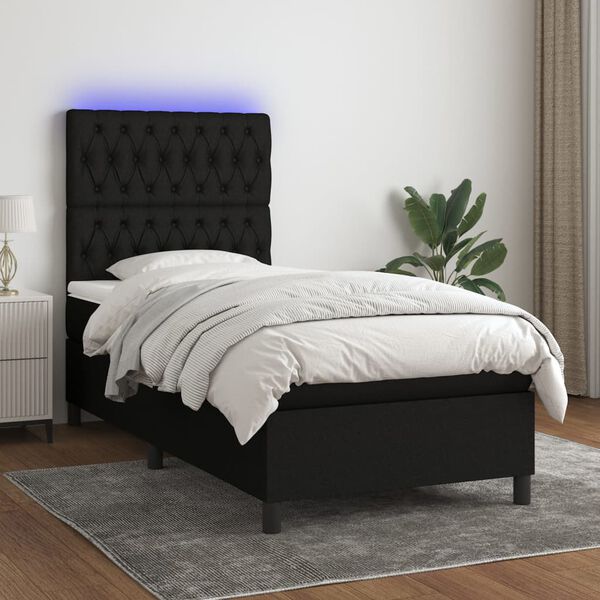 vidaXL Sommier &agrave; lattes de lit avec matelas et LED Noir 90x190cm Tissu