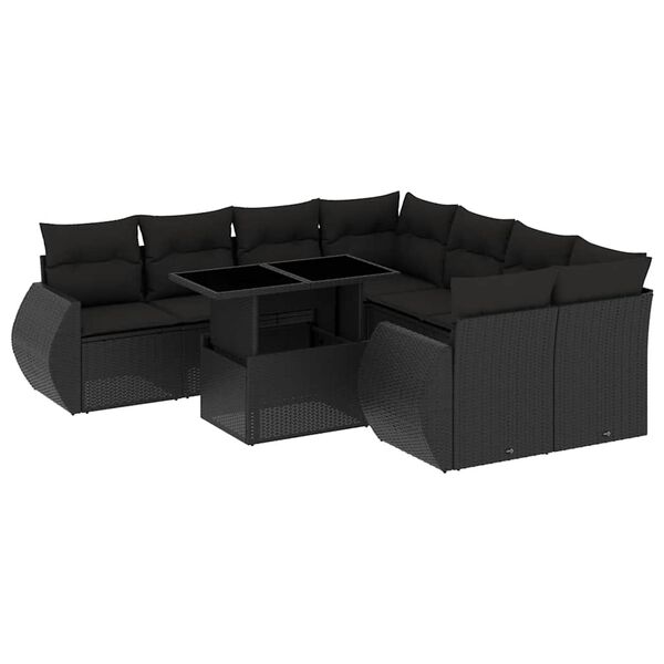 vidaXL Salon de jardin 9 pcs avec coussins noir r&eacute;sine tress&eacute;e