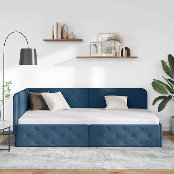 vidaXL Cadre de lit d'angle avec t&ecirc;te de lit Bleu 90 x 190 cm tissu