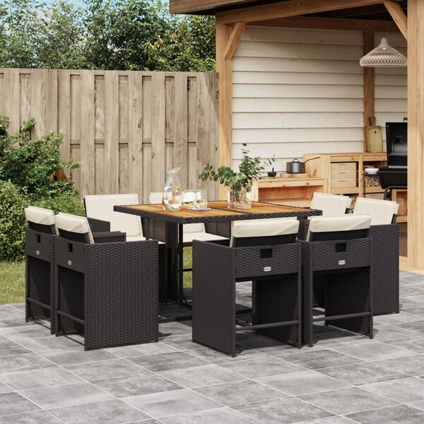 vidaXL Ensemble &agrave; manger de jardin 9pcs coussins noir r&eacute;sine tress&eacute;e