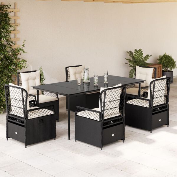 vidaXL Ensemble &agrave; manger de jardin coussins 7pcs Noir R&eacute;sine tress&eacute;e