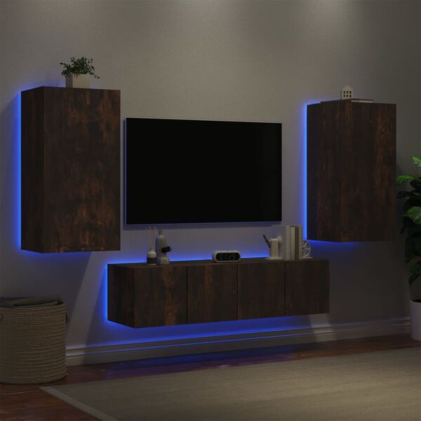 vidaXL Unit&eacute;s murales TV avec LED 4 pcs ch&ecirc;ne fum&eacute; bois d'ing&eacute;nierie