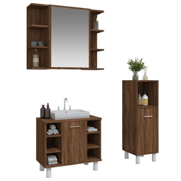 vidaXL Ensemble d'armoires de salle de bain 3 pcs ch&ecirc;ne marron