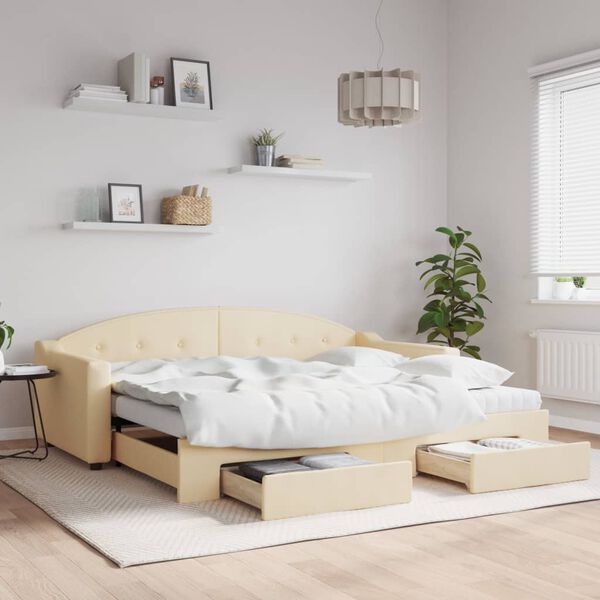 vidaXL Lit de jour avec gigogne et tiroirs sans matelas cr&egrave;me 90x200cm