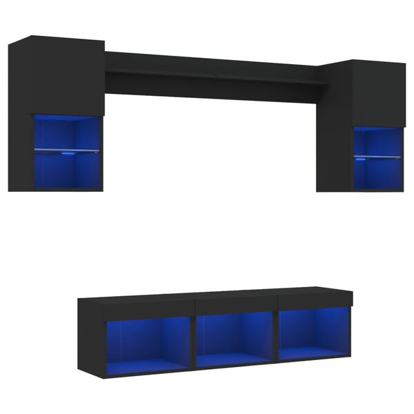 vidaXL Unit&eacute;s murales TV avec LED 7 pcs noir bois d'ing&eacute;nierie