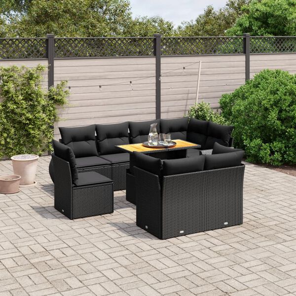 vidaXL Salon de jardin 9 pcs avec coussins noir r&eacute;sine tress&eacute;e