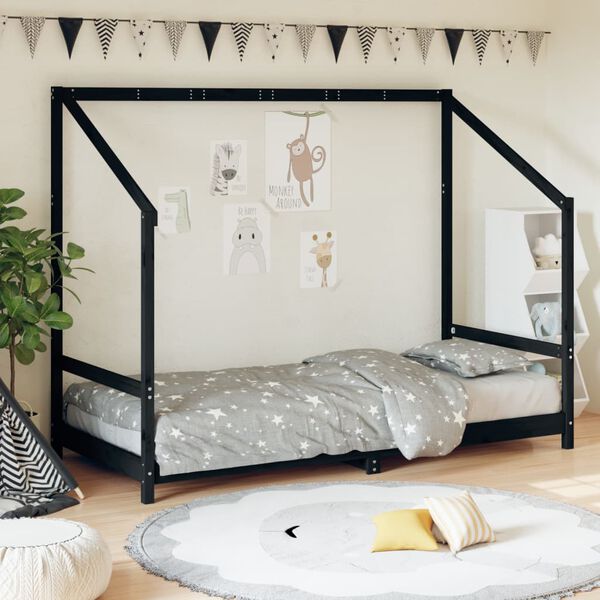 vidaXL Cadre de lit pour enfants noir 90x200 cm bois de pin massif