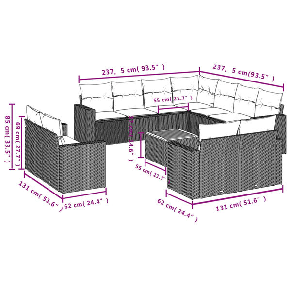 vidaXL Salon de jardin avec coussins 12 pcs beige r&eacute;sine tress&eacute;e