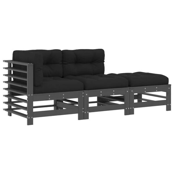 vidaXL Salon de jardin 3 pcs avec coussins gris bois massif