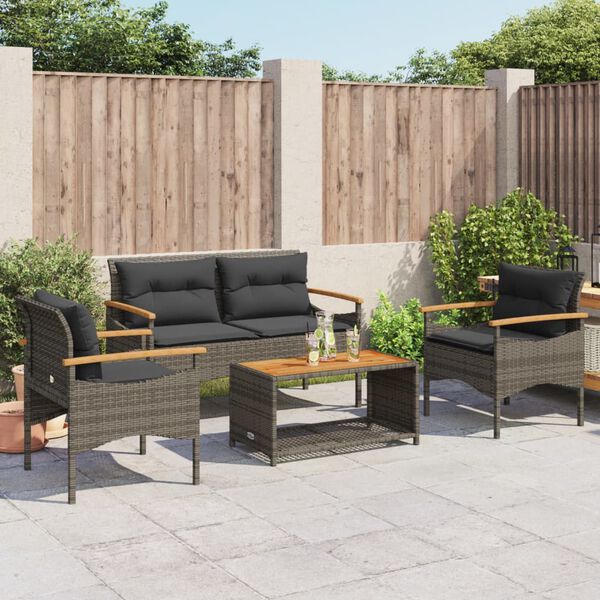 vidaXL Salon de jardin 4 pcs avec coussins gris r&eacute;sine tress&eacute;e