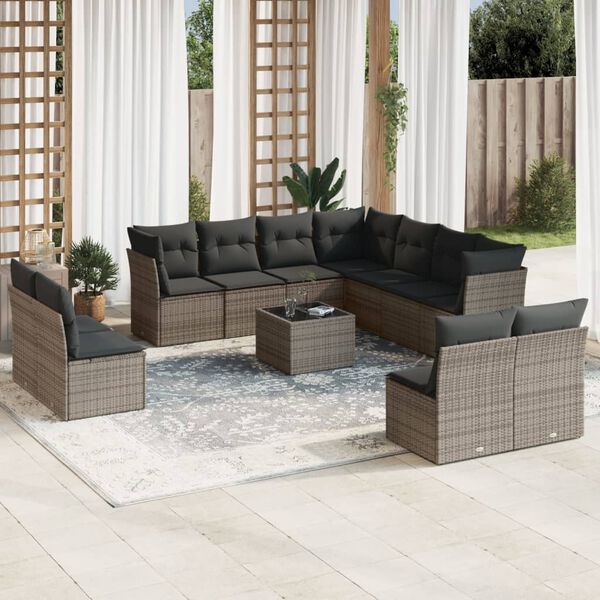 vidaXL Salon de jardin avec coussins 12 pcs gris r&eacute;sine tress&eacute;e
