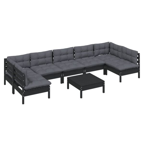 vidaXL Salon de jardin 8 pcs avec coussins Noir Bois de pin massif
