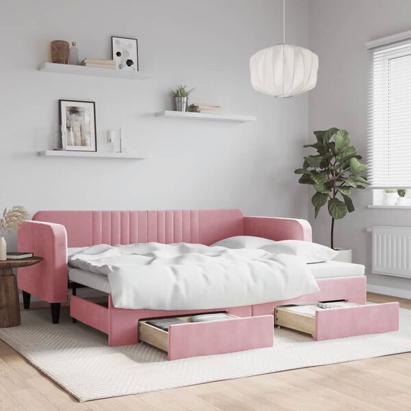 vidaXL Lit de jour avec gigogne et tiroirs sans matelas rose 90x200 cm
