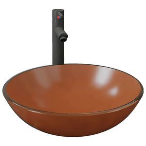 vidaXL Lavabo de bain avec robinet et drain &agrave; poussoir Verre tremp&eacute;