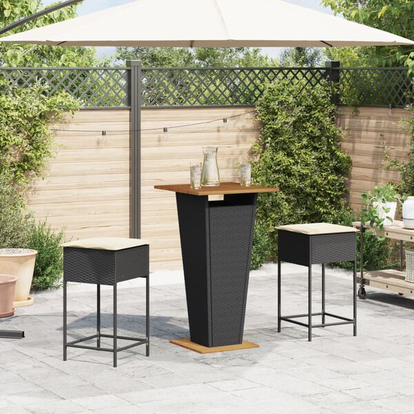 vidaXL Ensemble de bar de jardin 3 pcs avec coussins noir poly rotin