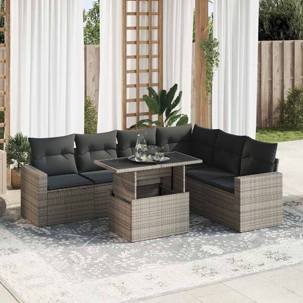 vidaXL Salon de jardin avec coussins 7 pcs gris r&eacute;sine tress&eacute;e