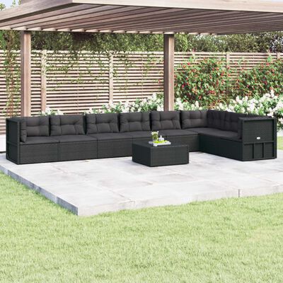 vidaXL Salon de jardin 8 pcs avec coussins noir résine tressée