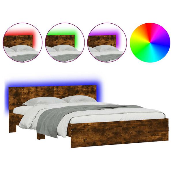 vidaXL Cadre de lit avec t&ecirc;te de lit et LED ch&ecirc;ne fum&eacute; 150x200 cm
