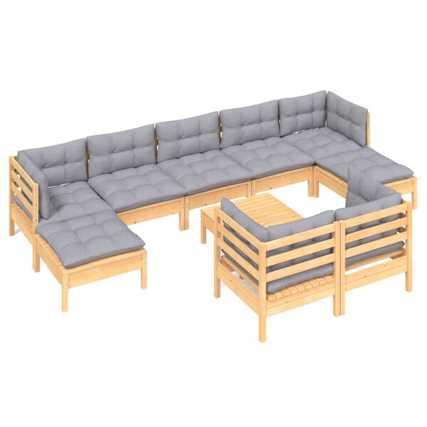 vidaXL Salon de jardin 10 pcs avec coussins gris bois de pin massif