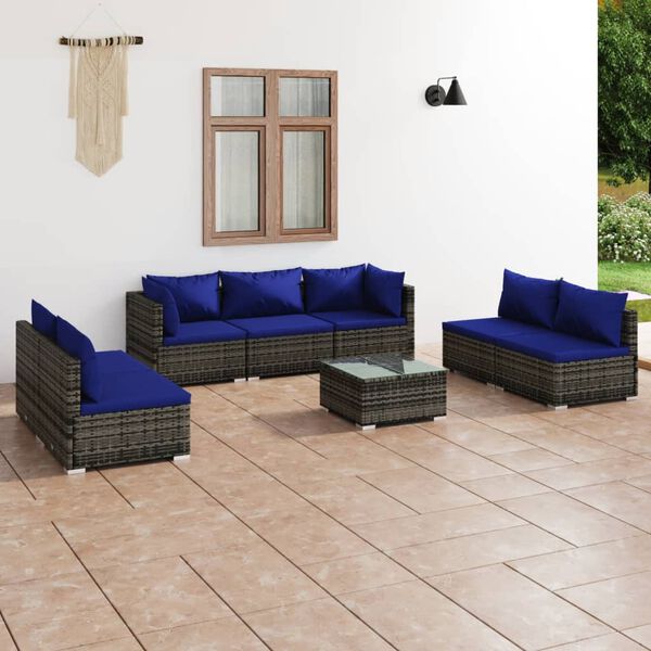 vidaXL Salon de jardin 8 pcs avec coussins R&eacute;sine tress&eacute;e Gris