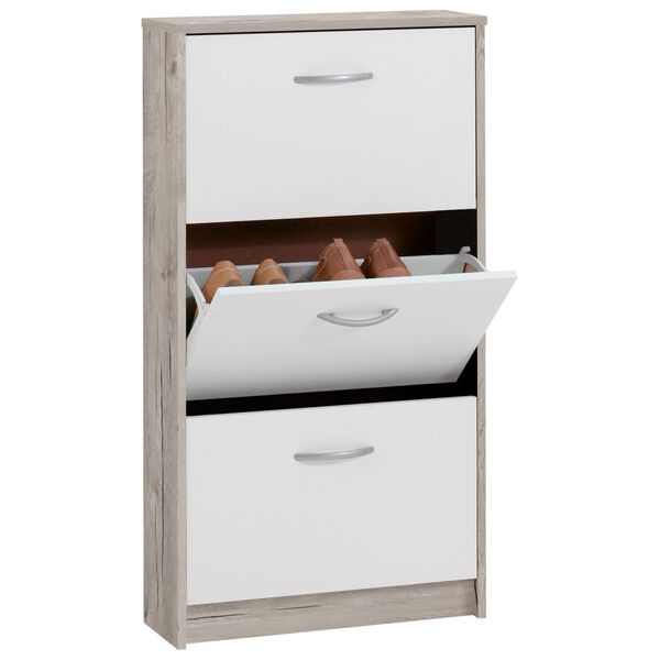 FMD Armoire &agrave; chaussures 3 compartiments inclinables Blanc et ch&ecirc;ne