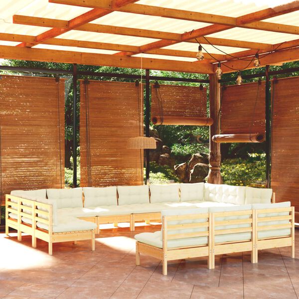 vidaXL Salon de jardin 13 pcs avec coussins cr&egrave;me Bois de pin solide