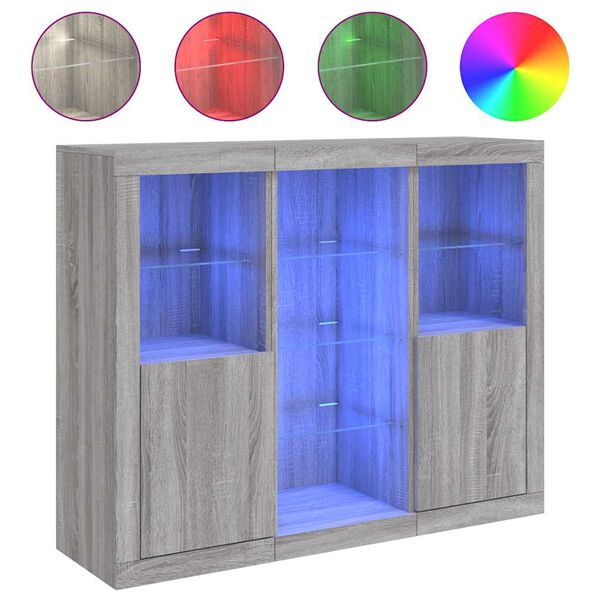vidaXL Buffets avec lumi&egrave;res LED 3 pcs sonoma gris bois d'ing&eacute;nierie