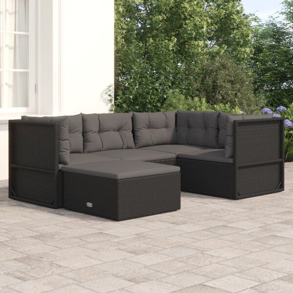vidaXL Salon de jardin 5 pcs avec coussins Noir R&eacute;sine tress&eacute;e