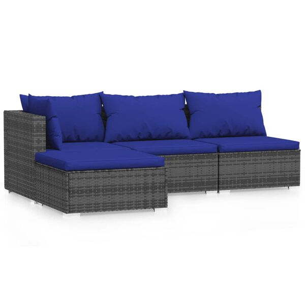 vidaXL Salon de jardin 4 pcs avec coussins Gris R&eacute;sine tress&eacute;e