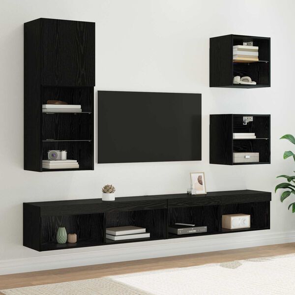 vidaXL Unit&eacute;s murales TV avec LED 5 pcs Ch&ecirc;ne noir Bois d'ing&eacute;nierie