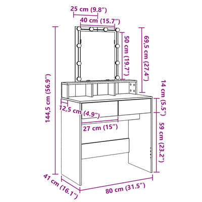 vidaXL Coiffeuse avec LED chêne sonoma 80x41x144,5 cm