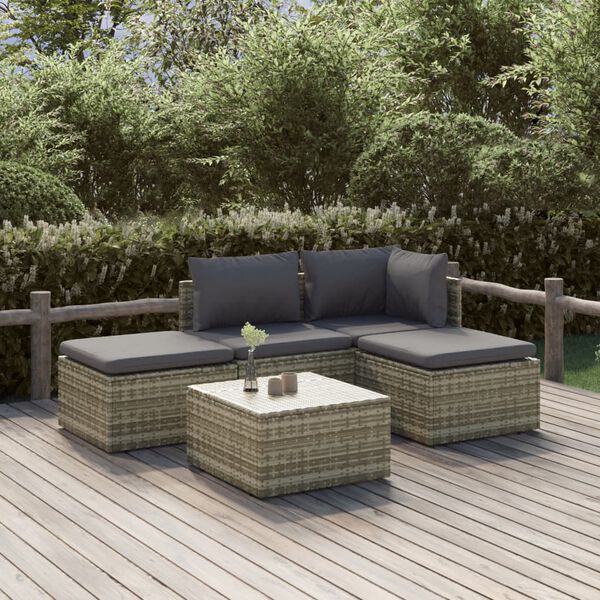 vidaXL Salon de jardin 5 pcs avec coussins Gris R&eacute;sine tress&eacute;e