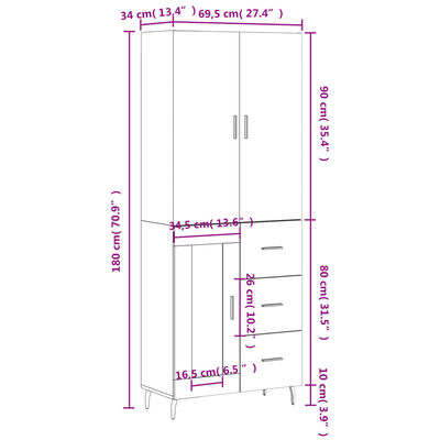 vidaXL Buffet haut Chêne marron 69,5x34x180 cm Bois d'ingénierie