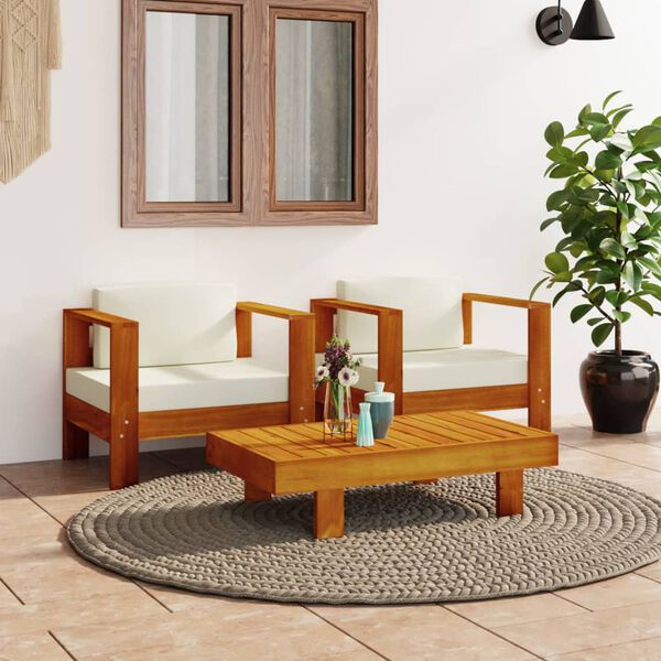 vidaXL Salon de jardin 3 pcs avec coussins blanc cr&egrave;me Bois massif