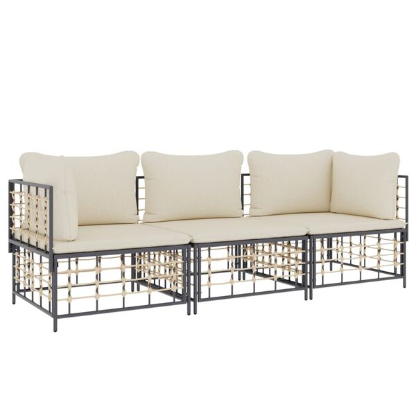 vidaXL Salon de jardin 3 pcs avec coussins anthracite r&eacute;sine tress&eacute;e