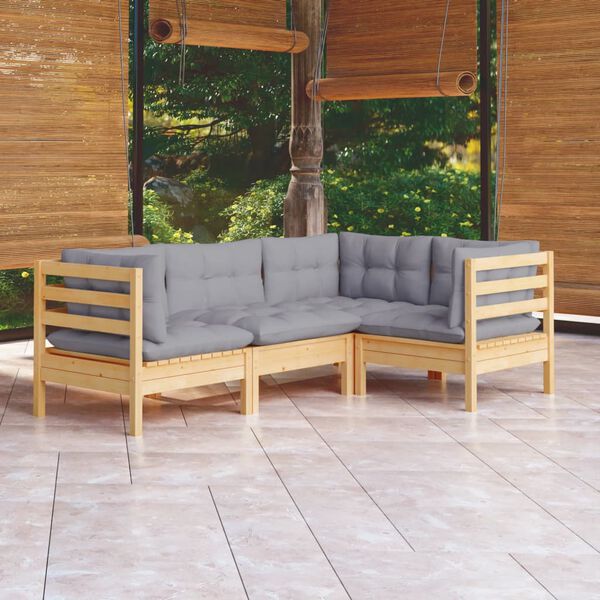 vidaXL Salon de jardin 4 pcs avec coussins gris Bois de pin
