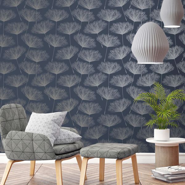 DUTCH WALLCOVERINGS Papier peint Fleur Bleu marine et gris