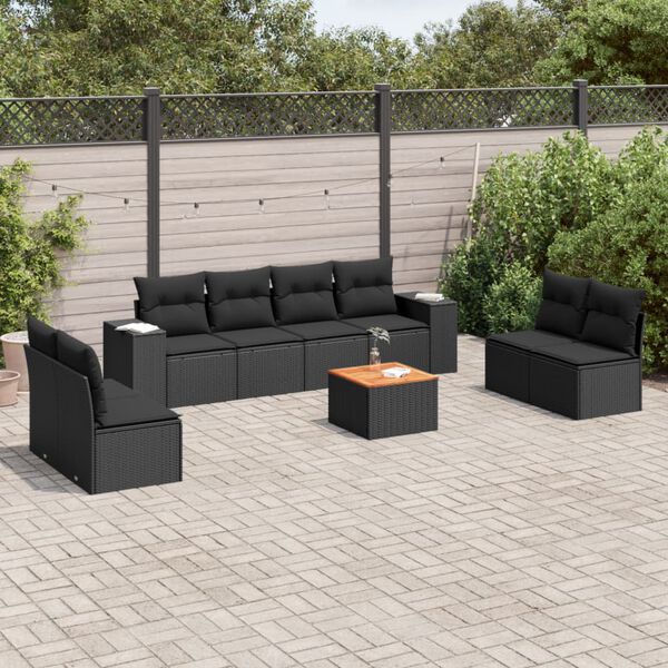 vidaXL Salon de jardin 9 pcs avec coussins noir résine tressée