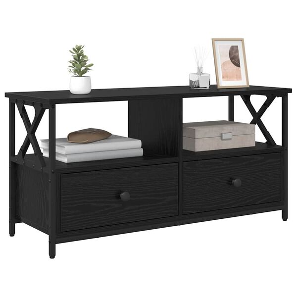 vidaXL Meuble TV Ch&ecirc;ne noir 90 x 33 x 45 cm Bois d'ing&eacute;nierie et acier