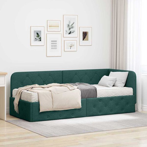 vidaXL Cadre de lit d'angle avec matelas Vert fonc&eacute; 80 x 200 cm tissu